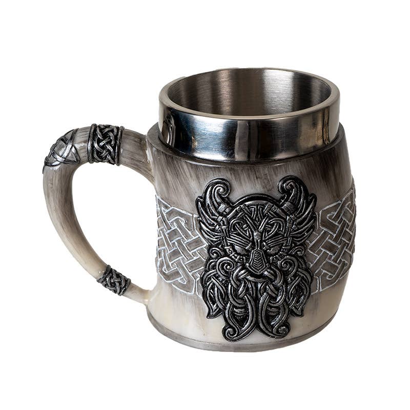 The Mug: Viking Odin's Horn Drinking Mug is a metal and resin mug with Norse design, detailed Celtic knot patterns, and a raised Viking face—an ideal novelty gift inspired by Odin's legendary horn.