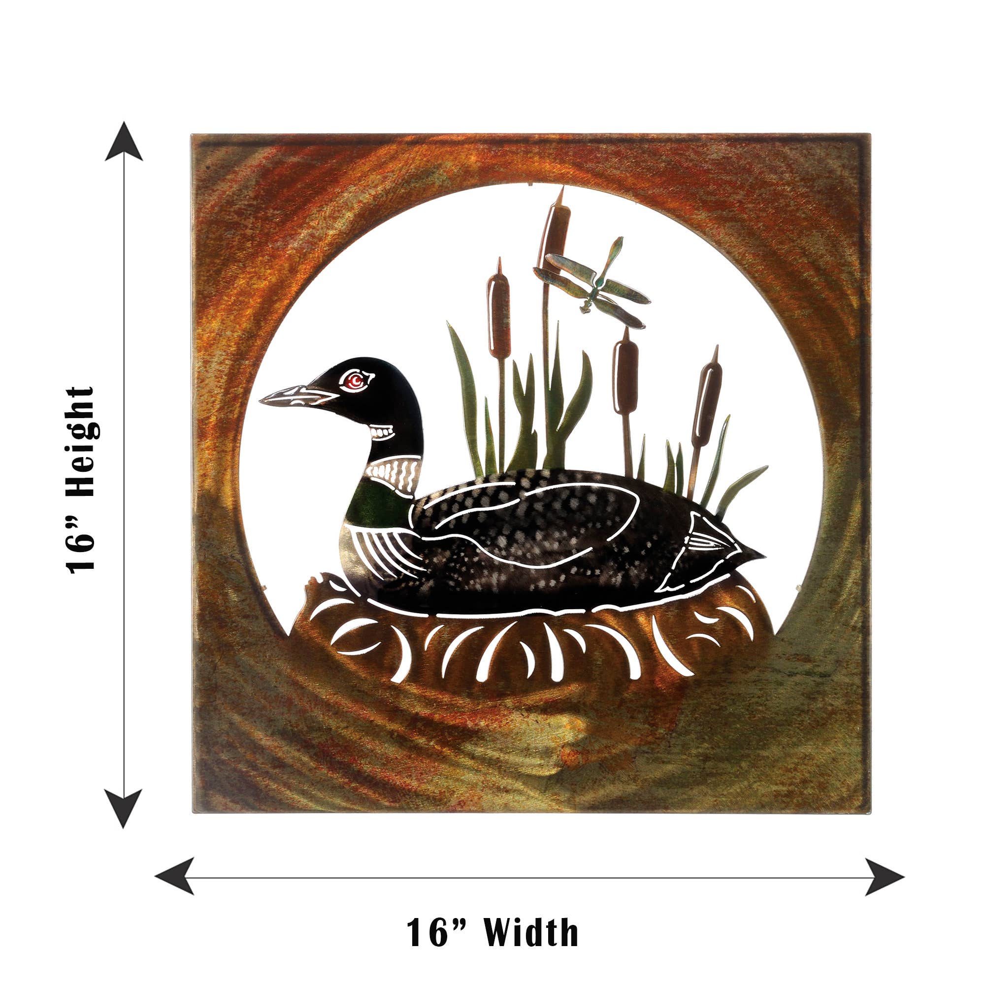 The Wall Decor: Loon Scene Metal Wall Art showcases a captivating loon nestled among cattails with a dragonfly dancing above. This beautifully crafted metal wall piece, measuring 16 by 16 inches, adds an enchanting touch to any space.