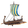 The Figurine: Viking Longship Model: Swedish Heritage Edition (12.75") features a dragon-shaped prow, yellow and blue striped sail, and multiple oars—an impressive Norse collectible for enthusiasts.