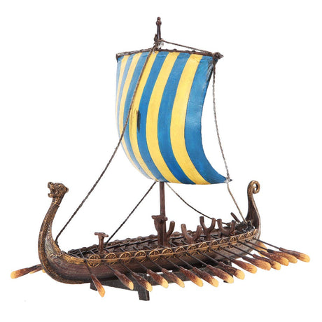 The Figurine: Viking Longship Model: Swedish Heritage Edition (12.75") features a dragon-shaped prow, yellow and blue striped sail, and multiple oars—an impressive Norse collectible for enthusiasts.