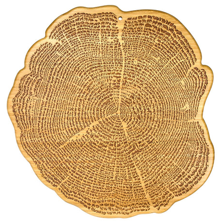The Tree of Life Bamboo Serving Board is a 13 wooden board shaped like a tree cross-section, featuring visible growth rings and 800+ engraved silhouettes of exotic and endangered animal species.