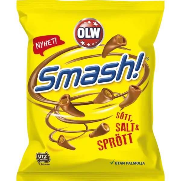 A 100g bag of OLW Smash features yellow packaging with salty corn cones dipped in milk chocolate, labeled Sött, Salt & Sprött and Utan Palmolja.