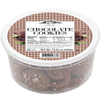 Round plastic container with a white lid, labeled “Chocolate Cookies,” showing dark cookies topped with white pearl sugar inside.