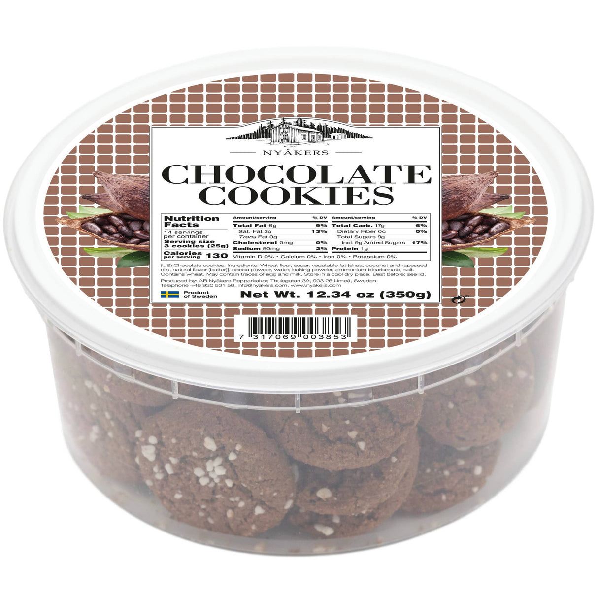 Round plastic container with a white lid, labeled “Chocolate Cookies,” showing dark cookies topped with white pearl sugar inside.
