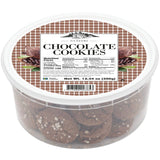Round plastic container with a white lid, labeled “Chocolate Cookies,” showing dark cookies topped with white pearl sugar inside.