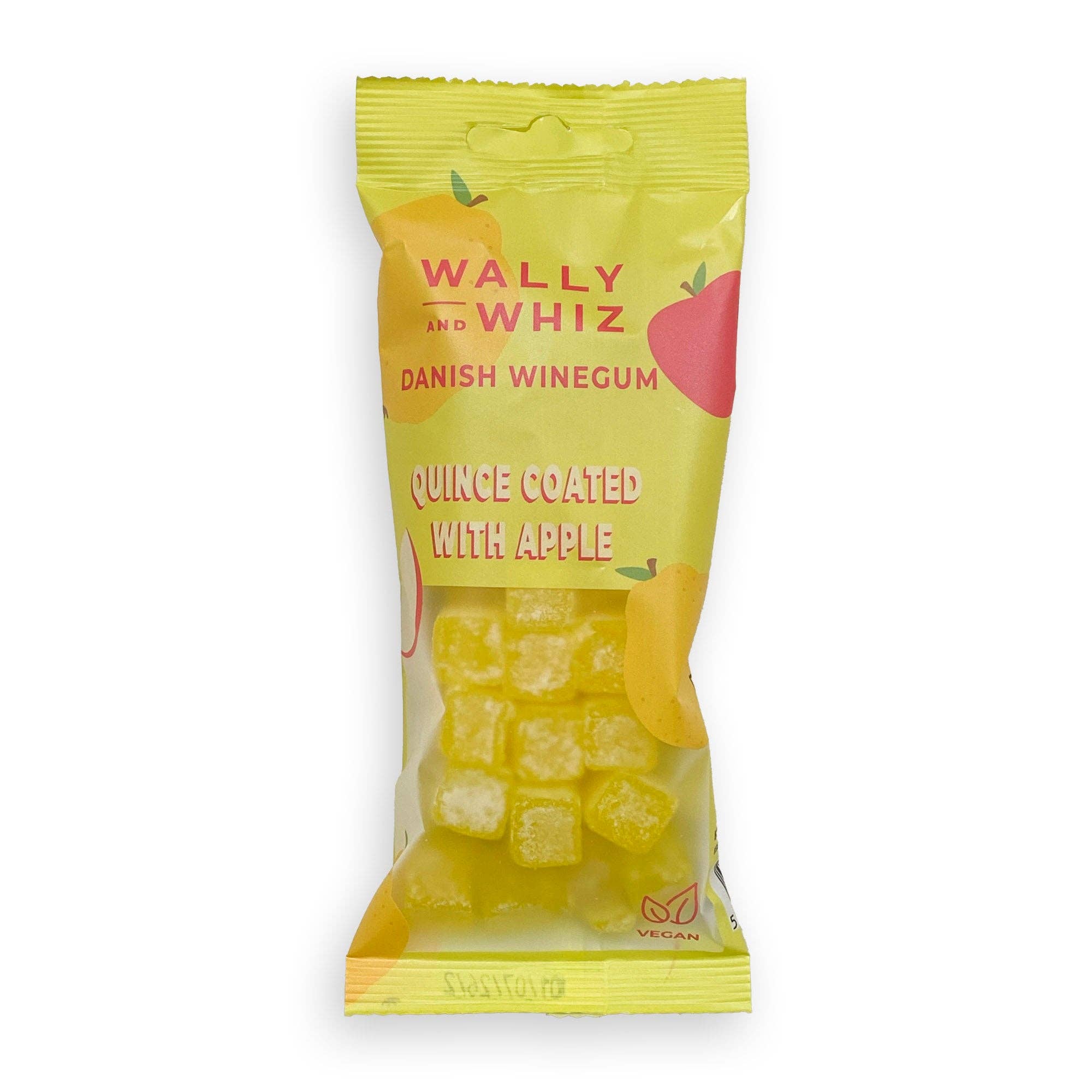 A 56g yellow bag of Wally & Whiz Quince with Apple Danish candy displays fruit images and a vegan symbol on the packaging.