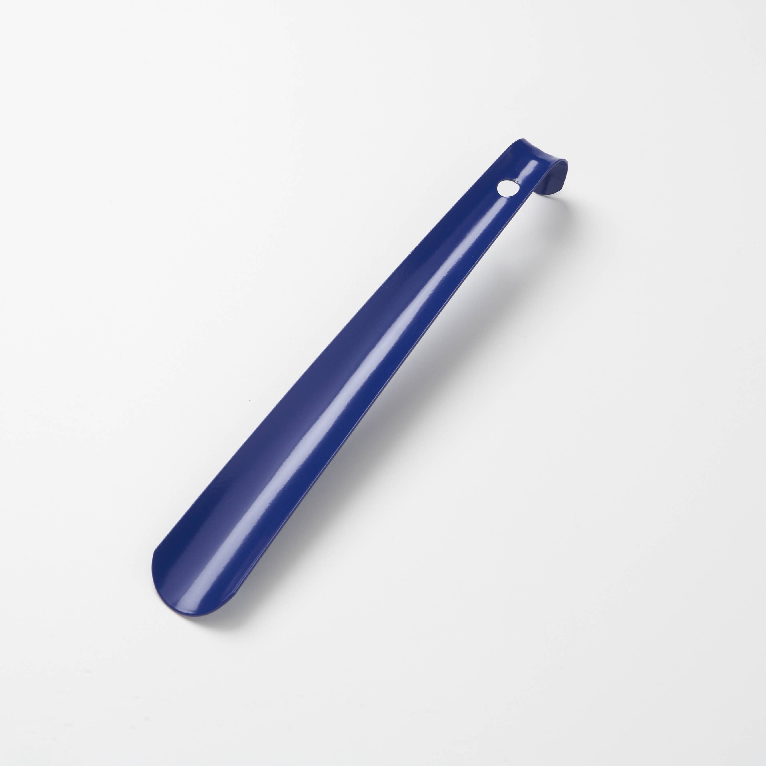 The Shoehorn: Medium Shoehorn Blue 12" is a blue plastic shoehorn with a curved end and a small hole near the handle, offering a stylish, lightweight alternative to classic metal shoehorns.