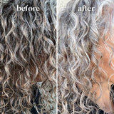 Side-by-side close-up of curly, color-treated hair labeled before and after using Kitsch Hair: Purple Toning Shampoo & Conditioner Bar Combo; the after hair looks smoother, shinier, and more defined.