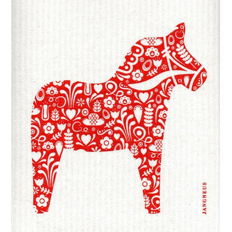 The Dala Horse Red Dish Cloth showcases a red and white decorative pattern with a horse silhouette, complemented by floral and heart motifs, all crafted on environmentally friendly Swedish dish cloths.