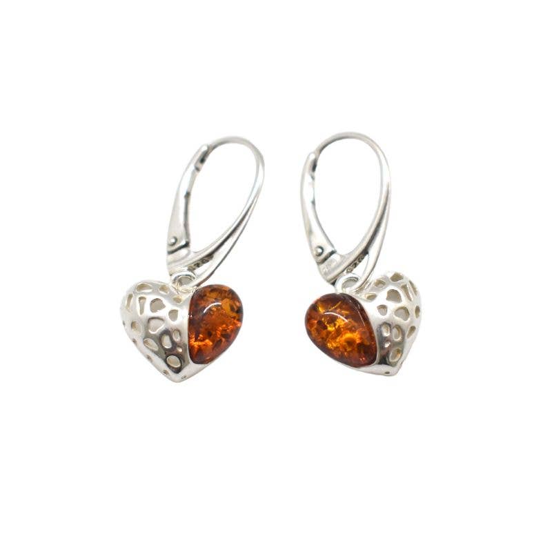 Earrings: Cognac Amber Sterling Silver Heart Earrings On Hooks