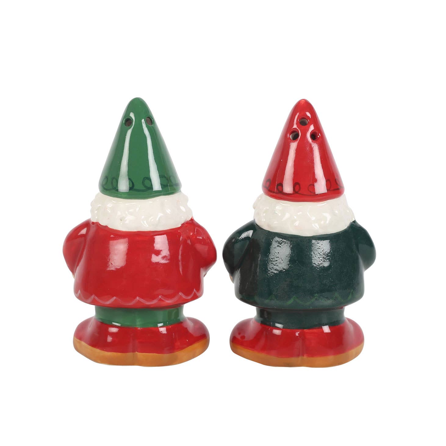 Add a touch of whimsy to your distinctive home decor with the Shakers: Gnome Salt & Pepper Shakers. Each ceramic gnome exudes a winter forest charm, featuring colorful coats and fun pointed hats—one in red with a green hat, the other in green with a red hat—making them perfect for any table setting!