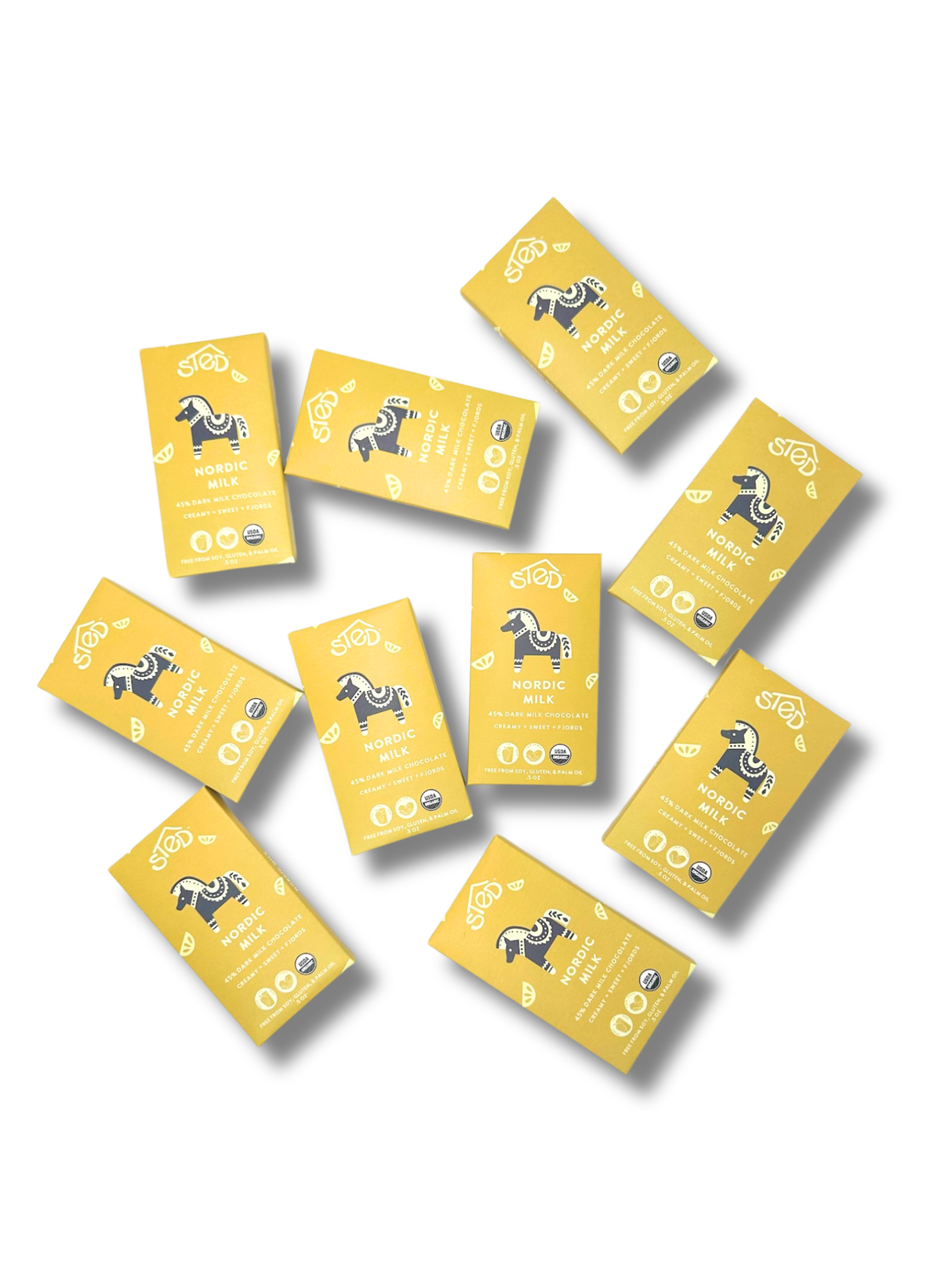 Ten yellow Scandinavian chocolate bars, each featuring a black horse illustration and visible Nordic branding, scattered on a white background.