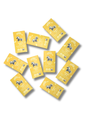 Ten yellow Scandinavian chocolate bars, each featuring a black horse illustration and visible Nordic branding, scattered on a white background.