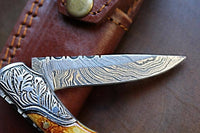 Knife: Damascus Steel handmade Pocket Knife with burnt bone handles