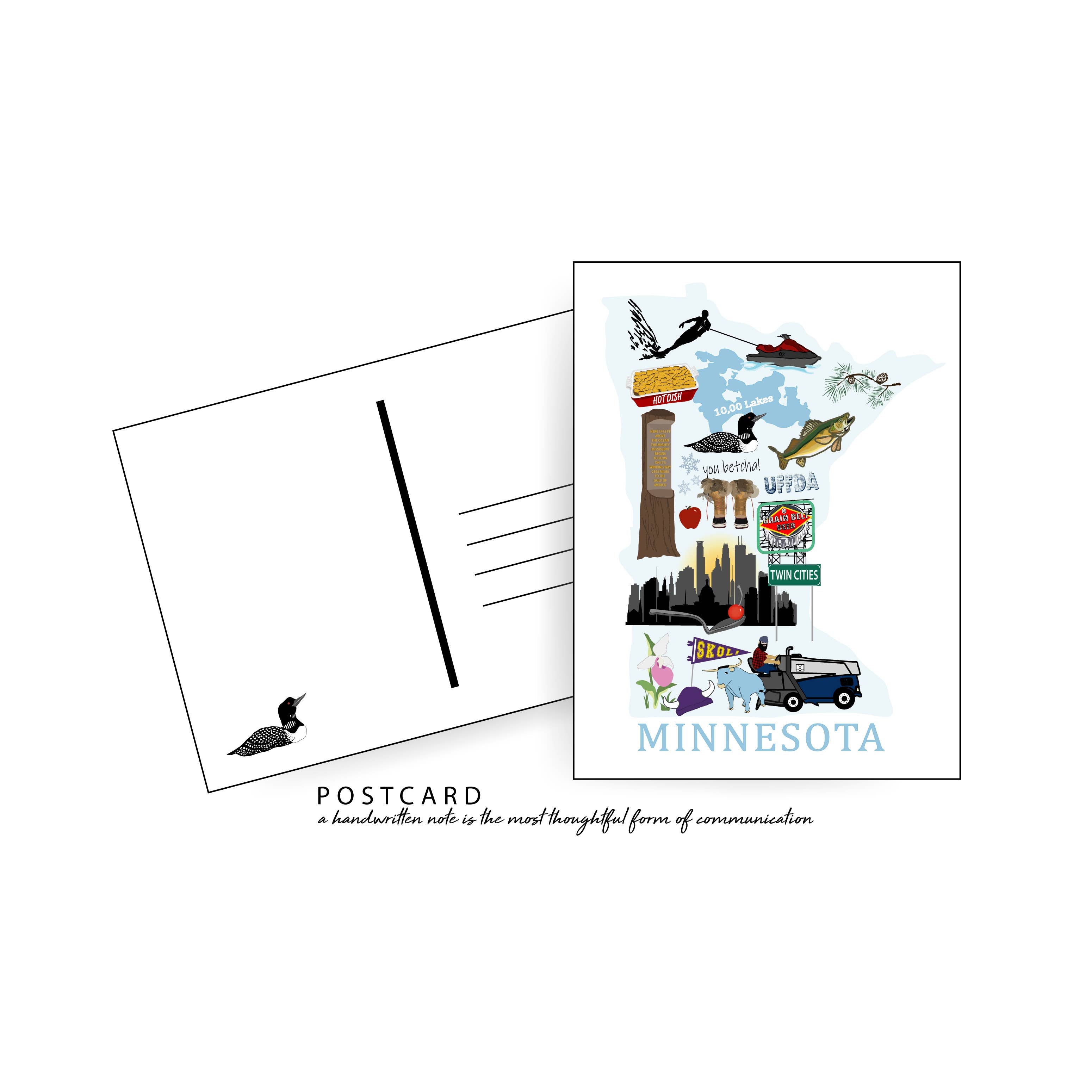 The "Things Minnesotans Love Postcard" features iconic images and state symbols such as a loon, fish, and city skyline. Below these illustrations, the text reads: A handwritten note is the most thoughtful form of communication.