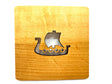 A 4" square alder wood coaster laser cut in the shape of a Viking ship with sail and round shields—perfect for fans of Nordic design.