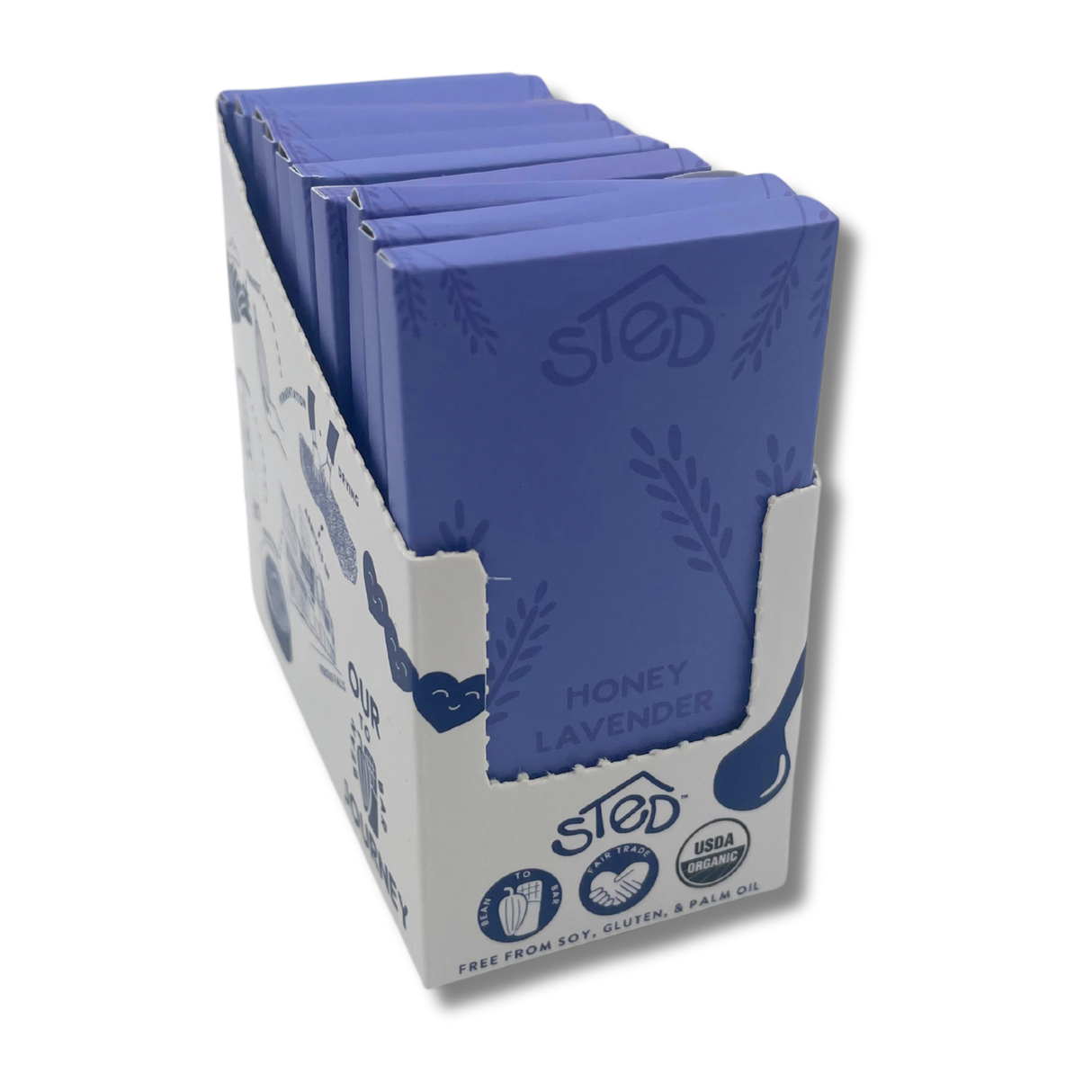 A box containing chocolate bars in purple wrappers labeled as honey lavender flavor, with visible icons indicating soy free, gluten free, and palm oil free.