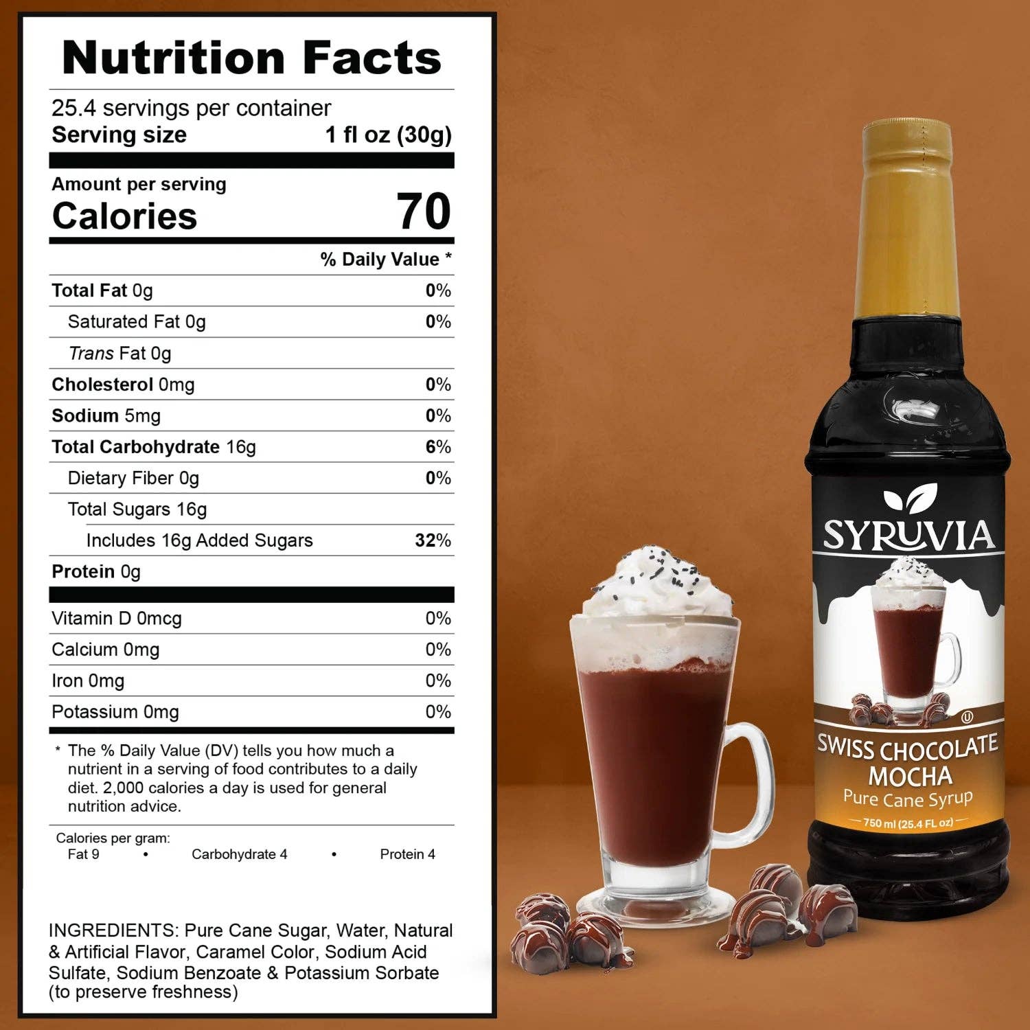 A bottle of Syruvia Swiss Chocolate Mocha Syrup with Pure Cane Sugar sits beside a glass mug of hot chocolate topped with whipped cream and chocolate pieces, with its nutrition facts label in view.