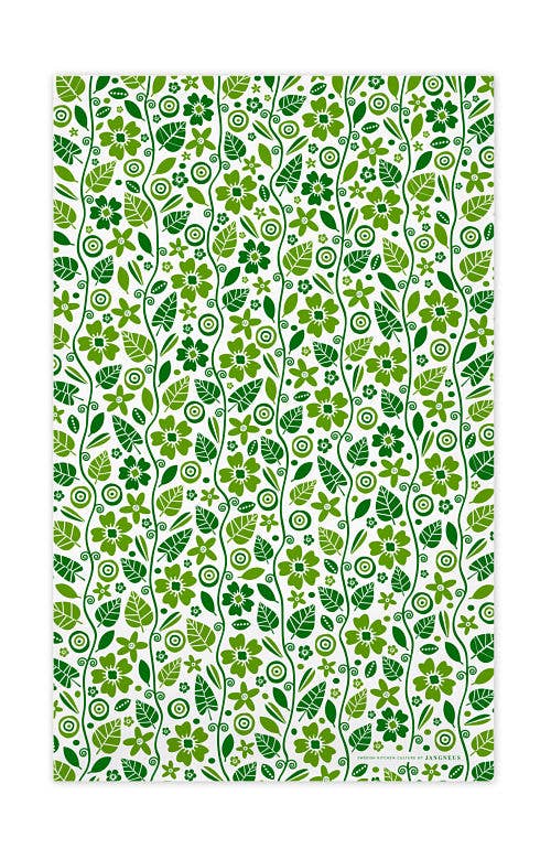 The Tea Towel: Scandinavian Green Garden Print Tea Towel features a green floral pattern of various plant shapes on a white backdrop. Made from 100% cotton, it blends Scandinavian design and elegance for any kitchen decor.