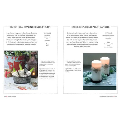 The open Book: Scandinavian Christmas Crafts shows two projects—hyacinth bulbs in a tin on the left and decorated heart pillar candles on the right—with step-by-step instructions for festive Scandi-inspired creations.