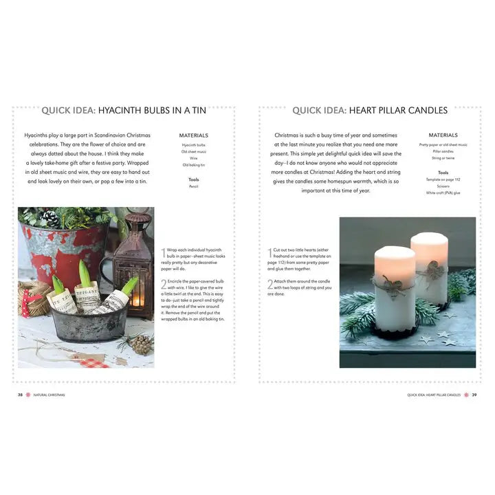 The open Book: Scandinavian Christmas Crafts shows two projects—hyacinth bulbs in a tin on the left and decorated heart pillar candles on the right—with step-by-step instructions for festive Scandi-inspired creations.