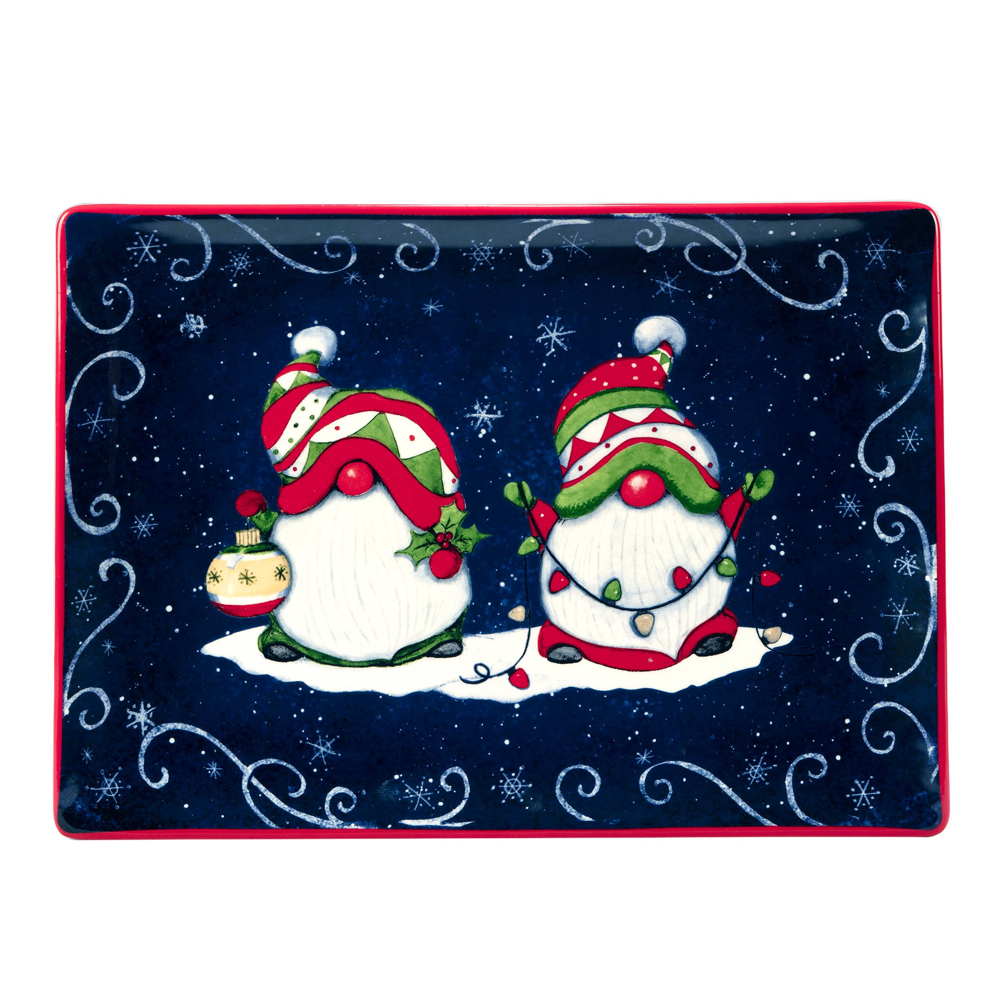 The Tray: Holiday Magic Christmas Gnomes Rectangular Platter (14" x 10") features two festive gnomes—one with a bag, one wrapped in lights—on a dark blue snowy backdrop with swirling accents.