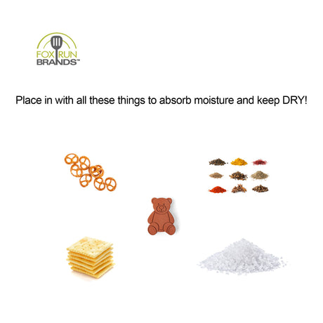 Fox Run Brands logo above pretzels, spices, crackers, salt, and the Sugar Saver: Terracotta Brown Sugar Bear Keeper & Saver, 2.5", with text advising to use it to absorb moisture and keep contents dry.