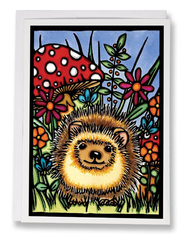 Greeting Card: Hedgehog by Sarah Angst features an illustration of a hedgehog surrounded by vibrant flowers, lush leaves, and a red spotted mushroom set against a blue sky, making it an ideal choice for a charming greeting card.