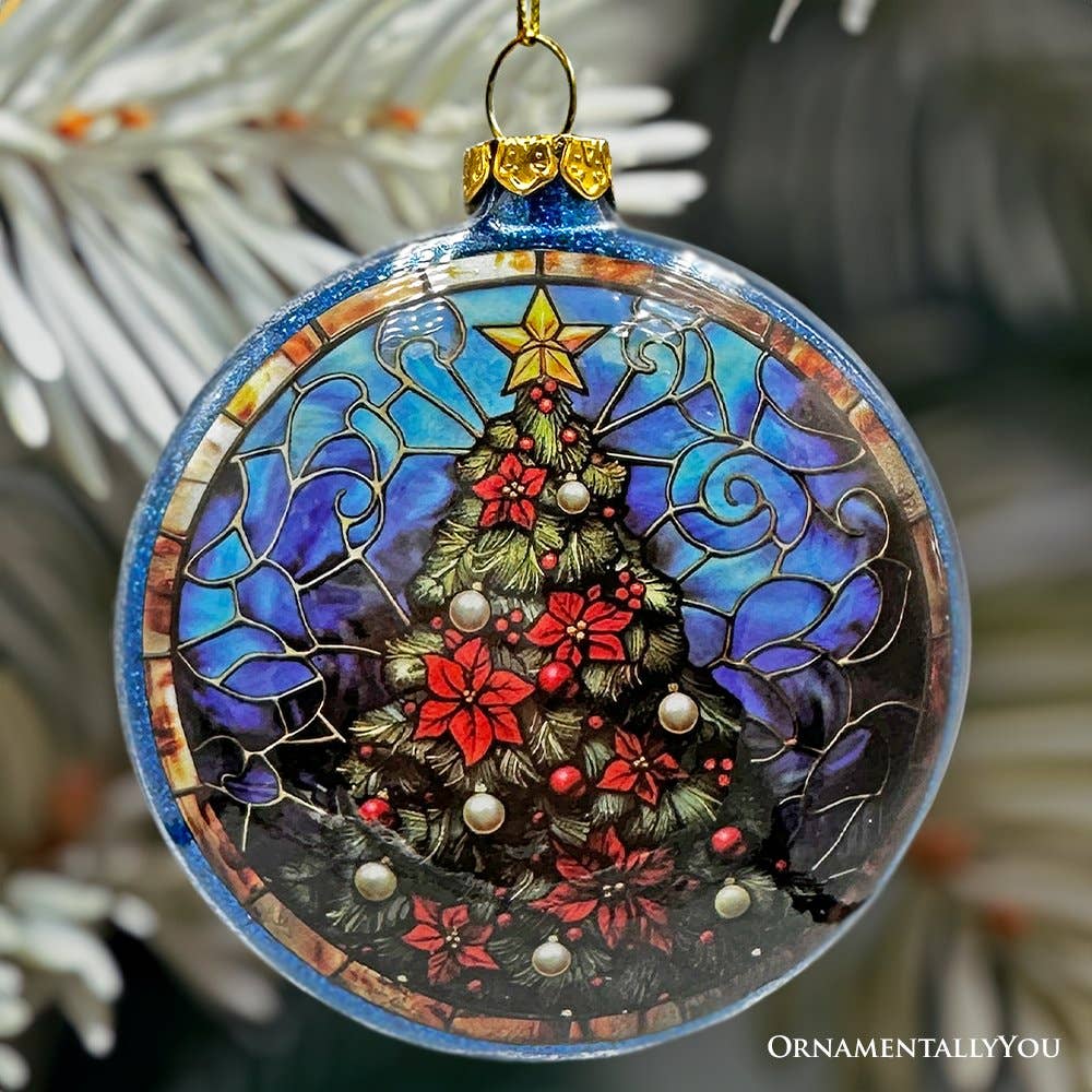 Stained glass ornament showcasing a decorated Santa Claus with red poinsettias and pearls, set against a blue background, hanging from a branch. This exquisite piece is the perfect addition to your Christmas tree, beautifully capturing the festive spirit.