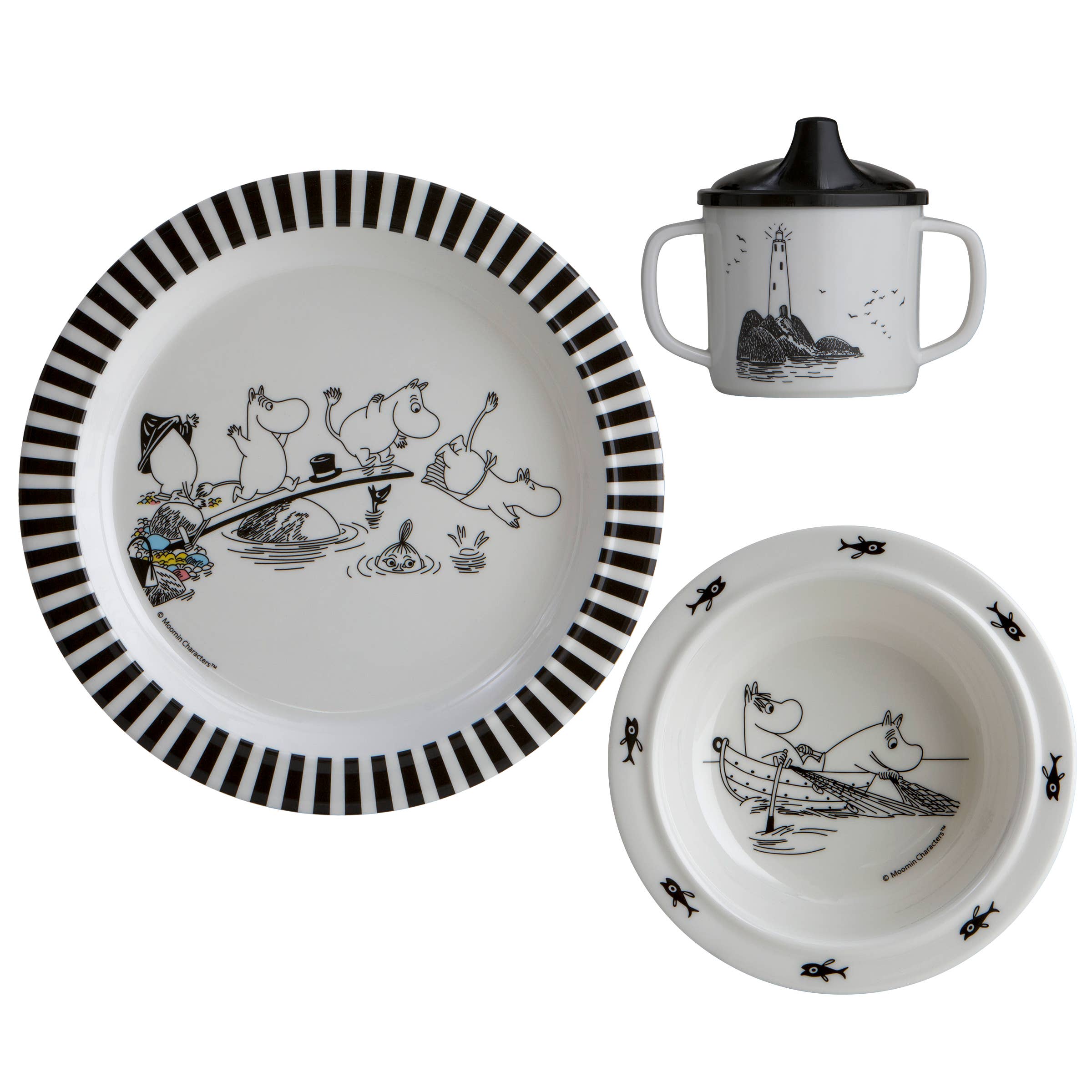 This delightful children's dinnerware set, the Moomin Dish Set - Fun at the Lake! (3 pcs), is adorned with black and white illustrations of cartoon characters and a lighthouse. It includes a melamine plate, bowl, and sippy cup—perfectly crafted for small hands.