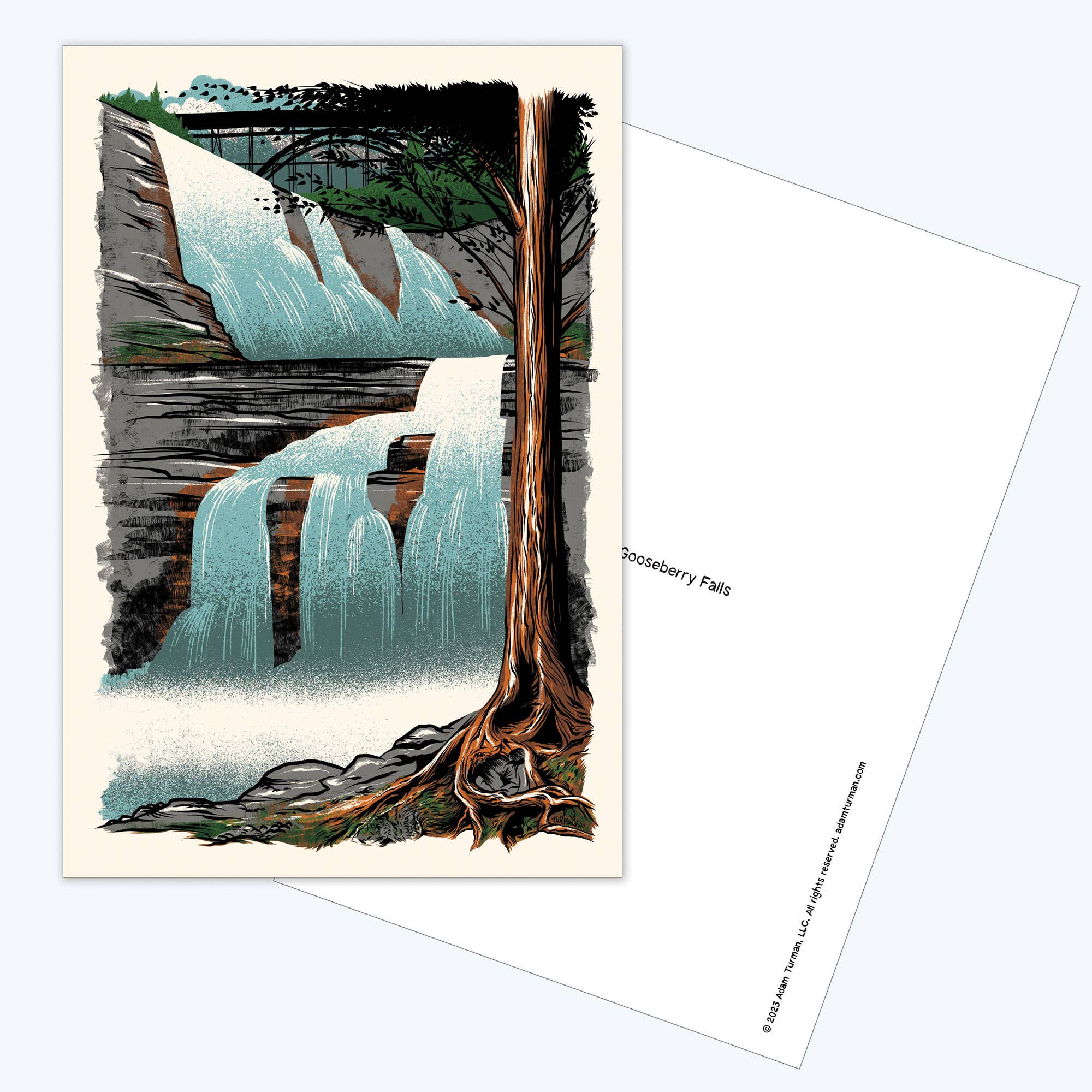 Illustration of Gooseberry Falls with waterfalls over rocky ledges and trees, featured on the collectible Postcards: MN Abbey Road with the back of the postcard partially visible.