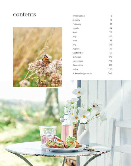 The book "Scandinavian Year" by Bronte Aurell features a contents page with a butterfly on a flower and, below, a table with Nordic food and white flowers by an open door.