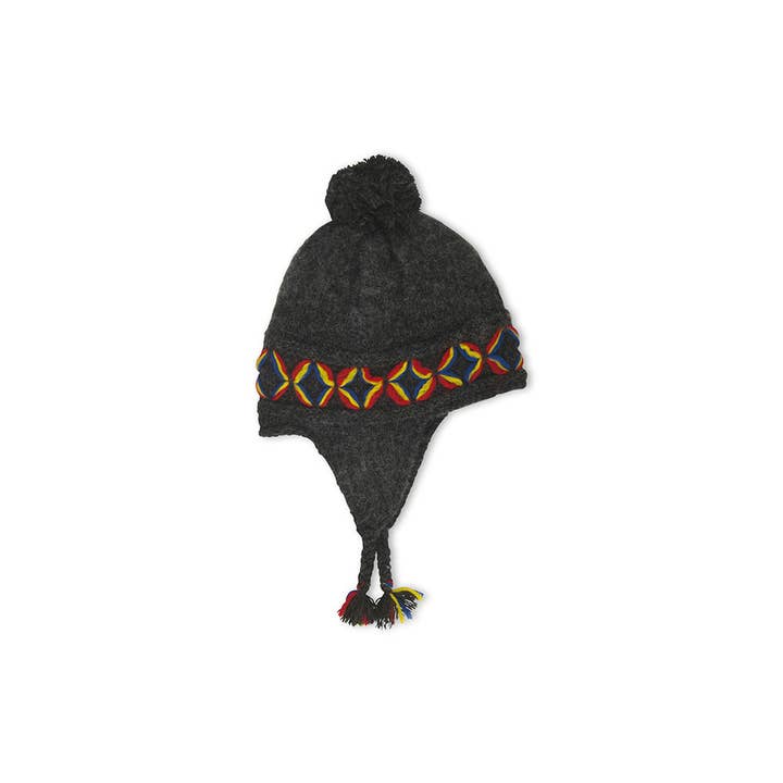 The Borjesson Handskar Pajala Knitted Beanie in dark gray is made from Shetland wool and features earflaps, a Nordic geometric pattern, and a playful pom-pom on top.