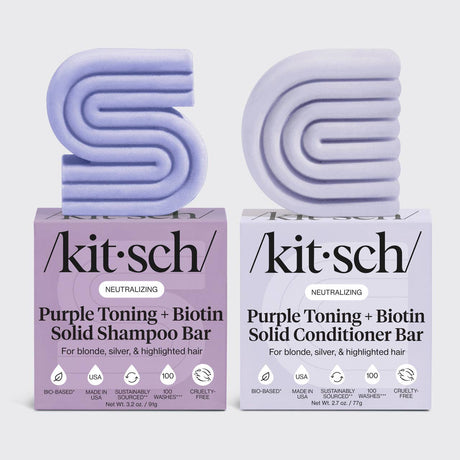 The Kitsch Purple Toning Shampoo & Conditioner Bar Combo includes two 2.7 oz bars, ideal for color-treated and grey hair, perfect for blonde, silver, and highlighted strands.