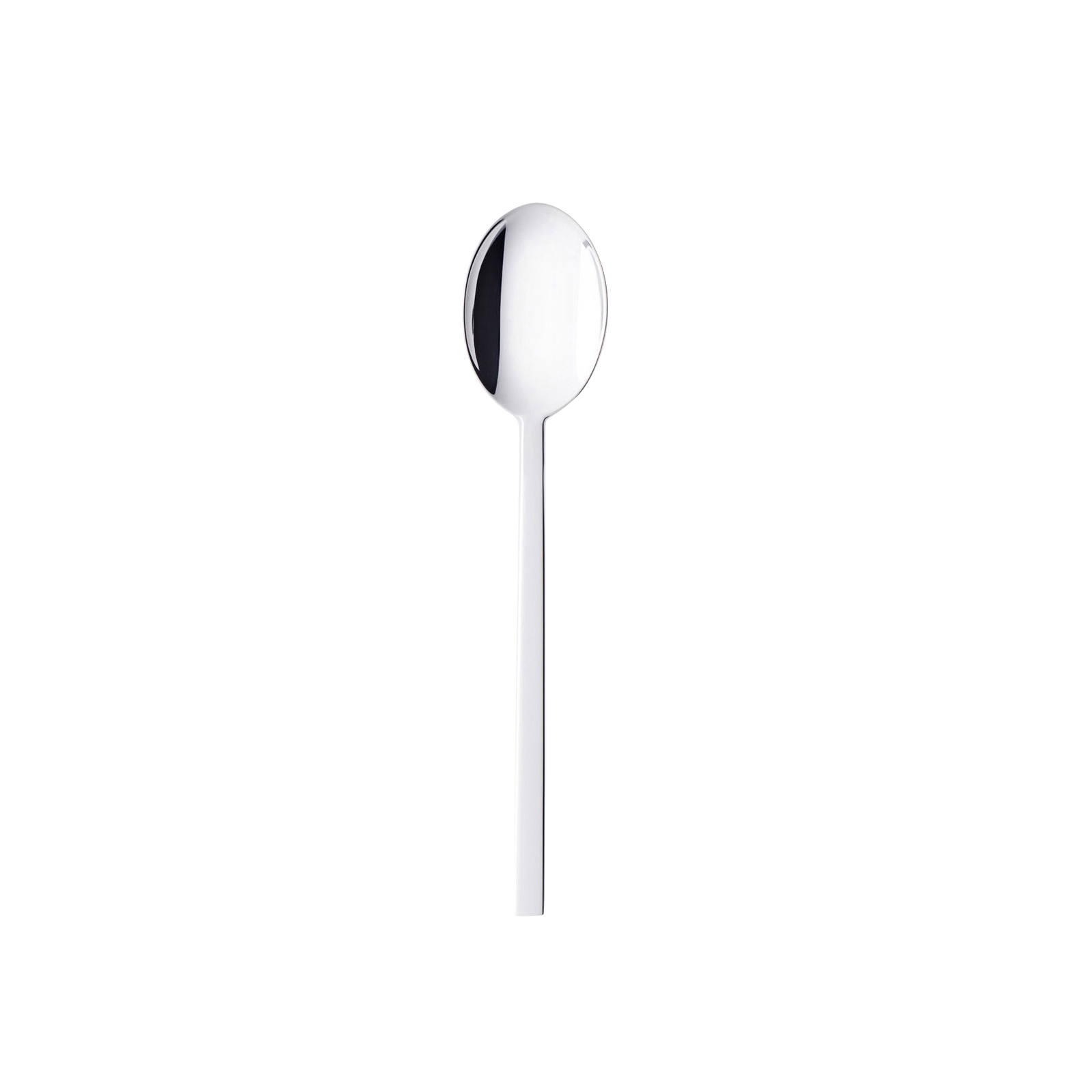 A shiny metal spoon with a round bowl and straight handle from the high-quality Gense - Silver Dining Set CPB 2091 is centered against a plain white background.