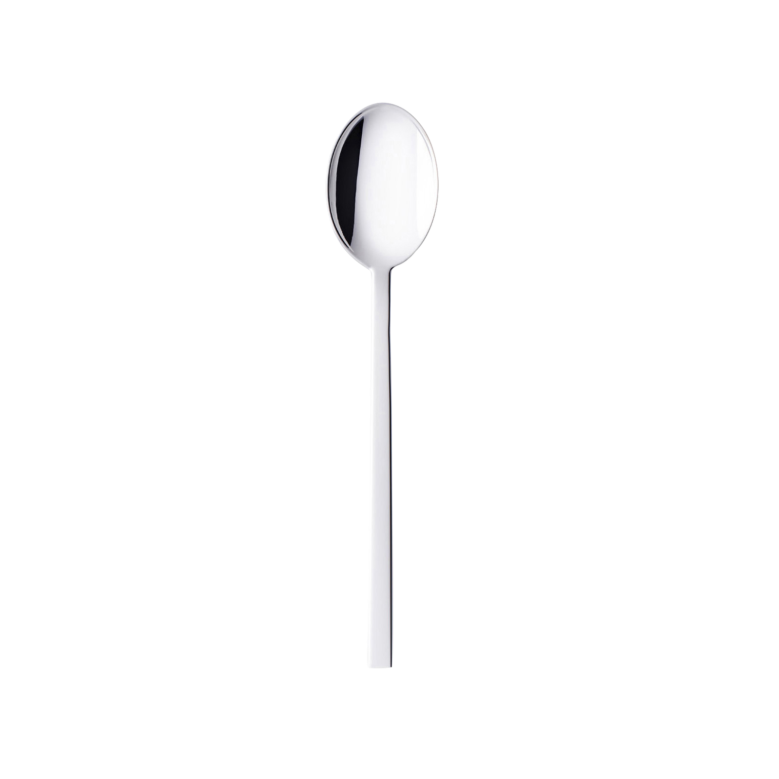 A stainless steel spoon with a shiny, smooth surface stands upright against a white background, part of the Gense - Silver Dining Set CPB 2091.