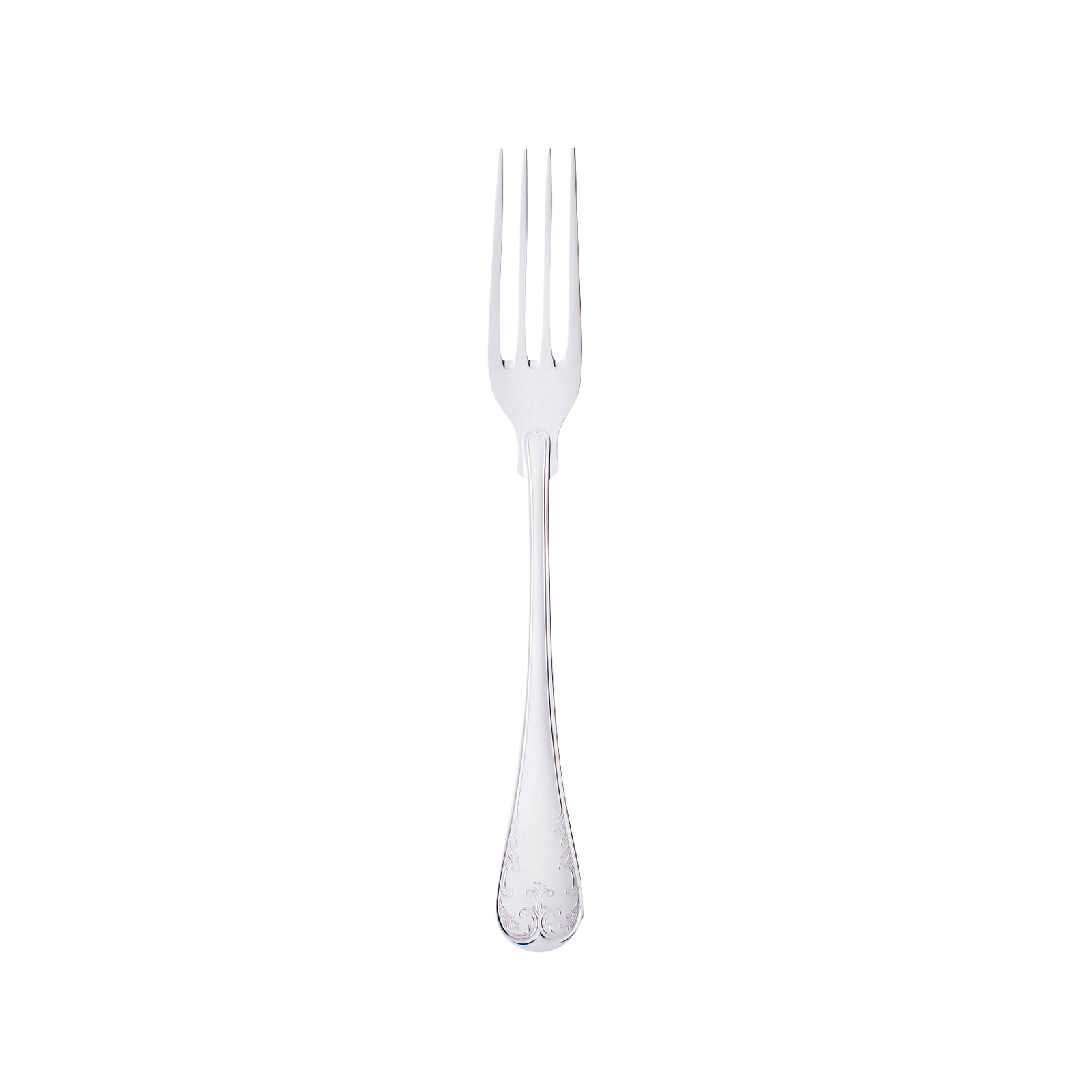 A fork from the Gense Silver Dining Set Gammal Fransk 830, with its four elegantly crafted tines, stands out against a sleek black background.