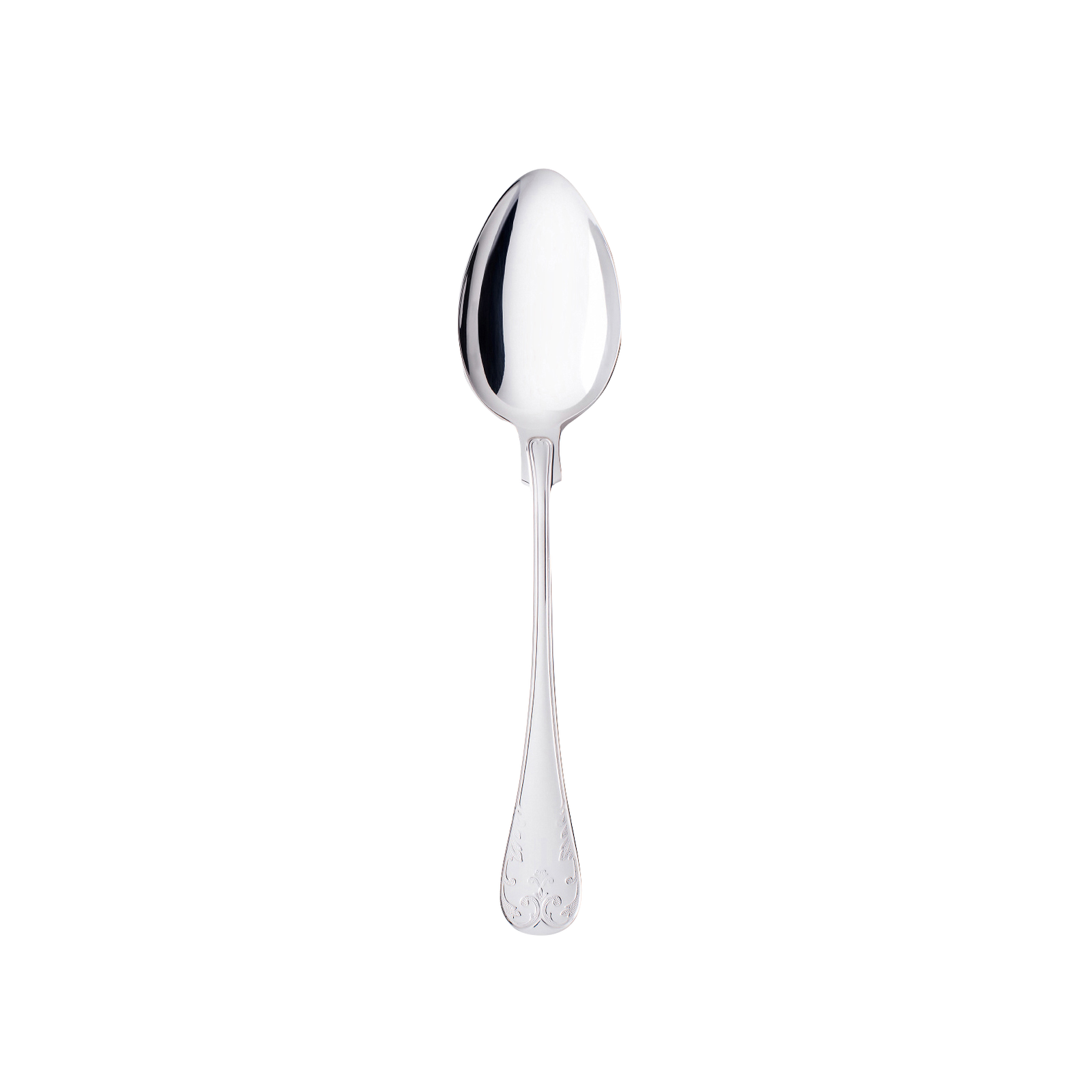 A shiny silver spoon with an ornate handle from the Gense - Silver Dining Set Gammal Fransk 830 sits against a plain background.