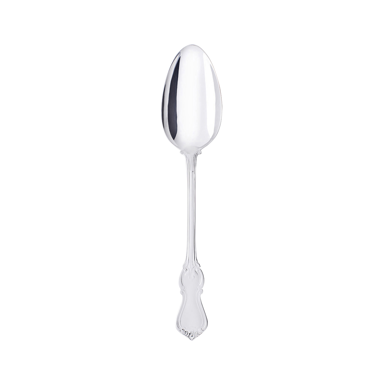 The Gense - Silver Dining Set Olga 830 spoon, featuring an intricate handle, is elegantly displayed on a plain black background.