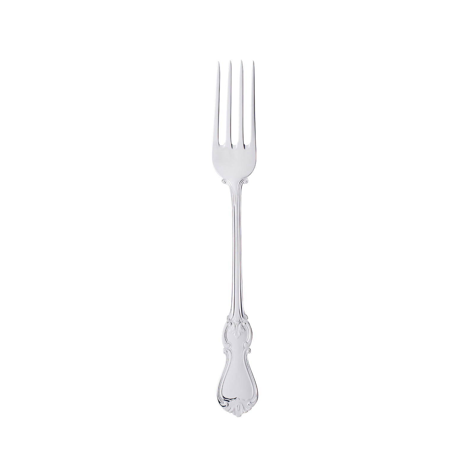 The Gense - Silver Dining Set Olga 830 fork, from an exquisite Swedish collection, features an ornate handle and four tines, elegantly displayed on a plain white background.