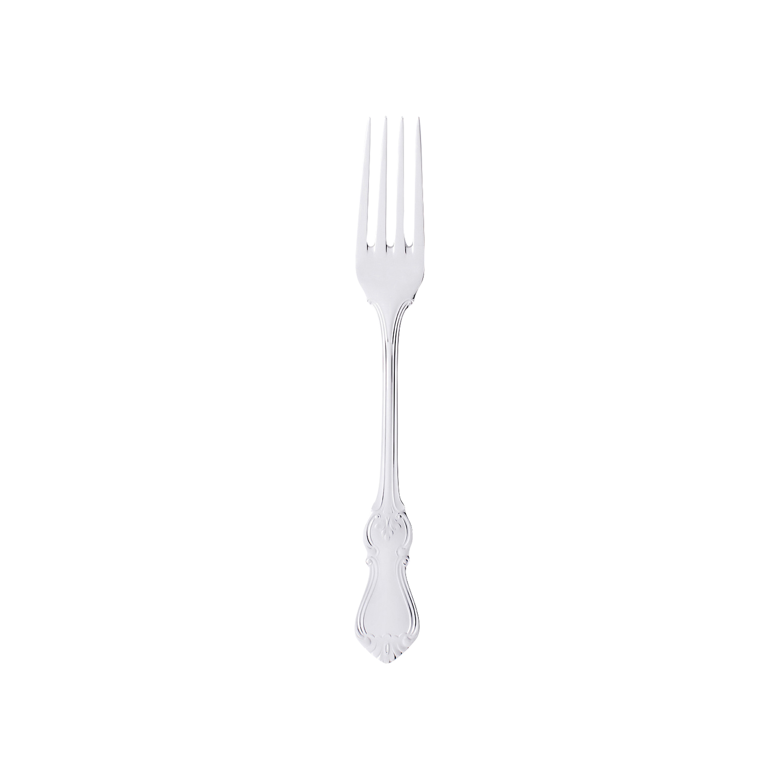 The Gense - Silver Dining Set Olga 830 features an ornate silver fork elegantly showcased against a black background.