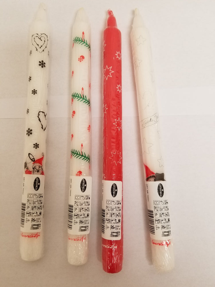 Four tall, tapered candles with festive white and red patterns and labels are arranged in a row on a white background, reminiscent of the classic Candle Advent Calendar Candles design.