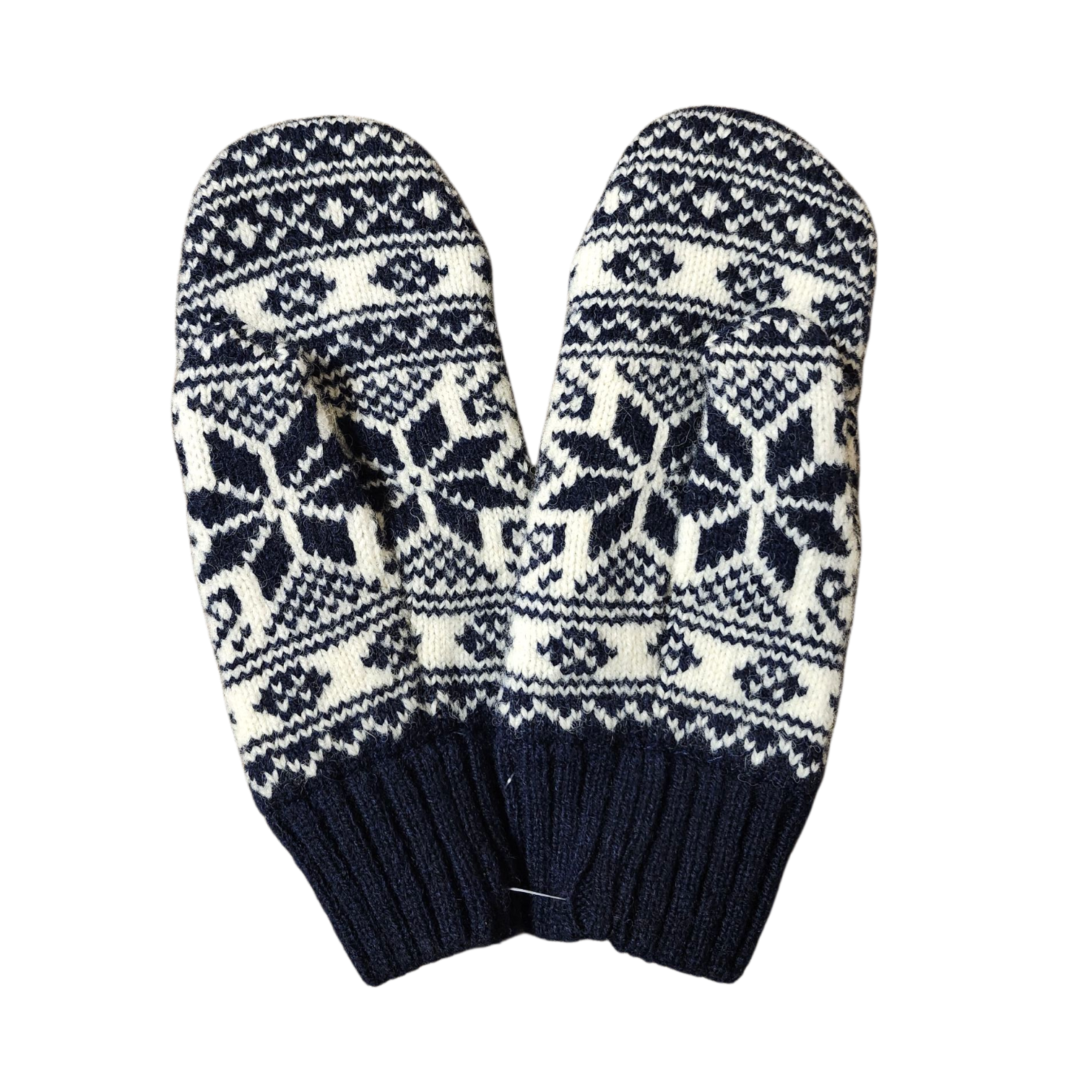 The Nordlys Womens Classic Norwegian Star Knit Mittens (Navy) are knitted wool mittens with a Nordic star and geometric pattern, shown on a white background.