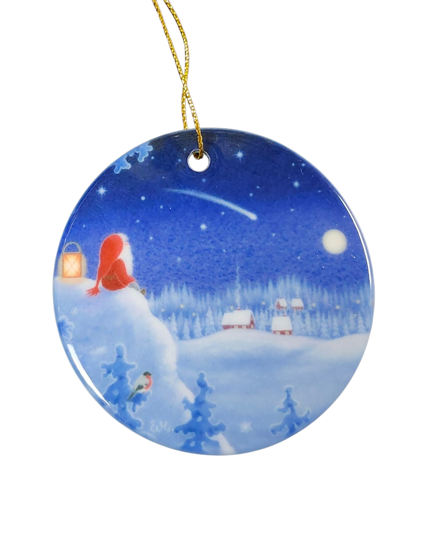 The “Tomten & A Shooting Star Ornament” by Eva Melhuish depicts a winter night with Tomten in red on snow, a lantern, snowy trees, houses, and a shooting star in the sky.