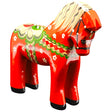 The Dala Horse: Färnäshästen Red by Nils Olsson (14 cm), a hand-carved Swedish figurine with green, white, and yellow accents, is shown on a white background.