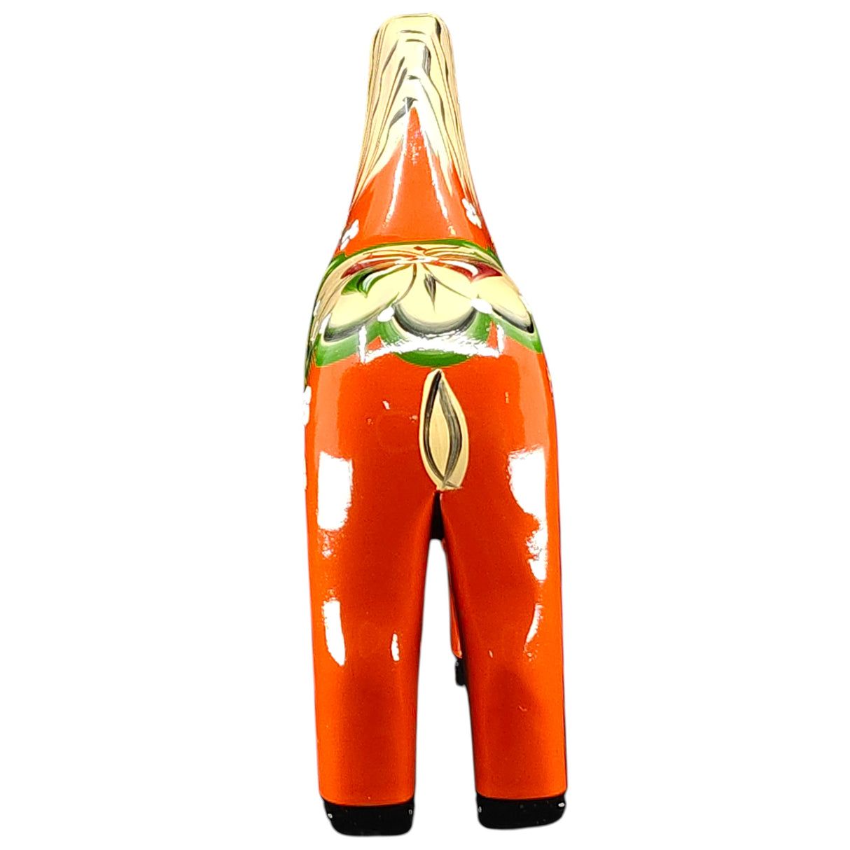 The Dala Horse: Färnäshästen Red by Nils Olsson (14 cm) is a hand-carved, hand-painted Swedish figurine with yellow, green, and white floral patterns viewed from the back.