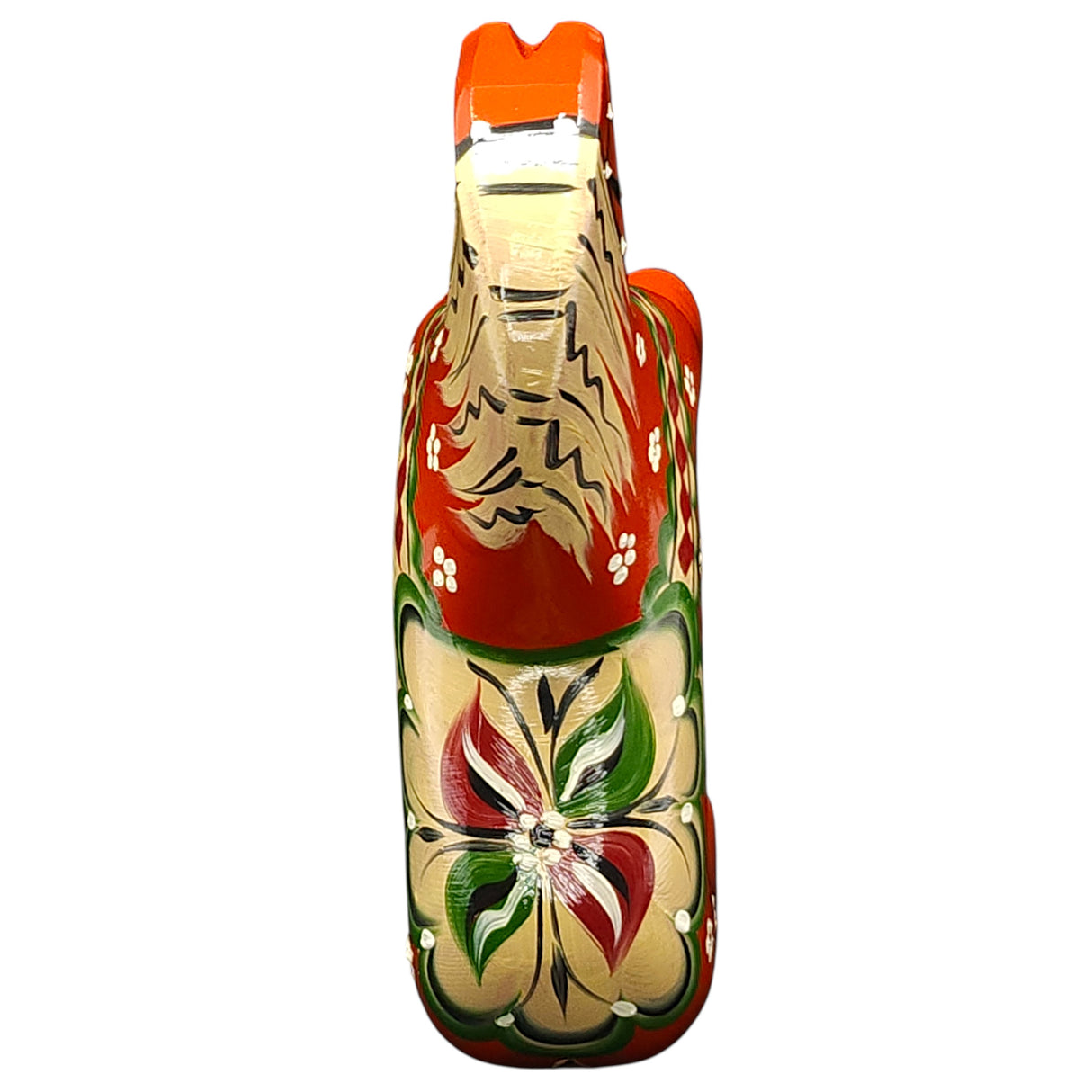 The Dala Horse: Färnäshästen Red by Nils Olsson (14 cm) is a hand-carved and painted Swedish Dala horse featuring red, green, and beige floral and leaf motifs, reminiscent of traditional patterns, shown from the toe end.