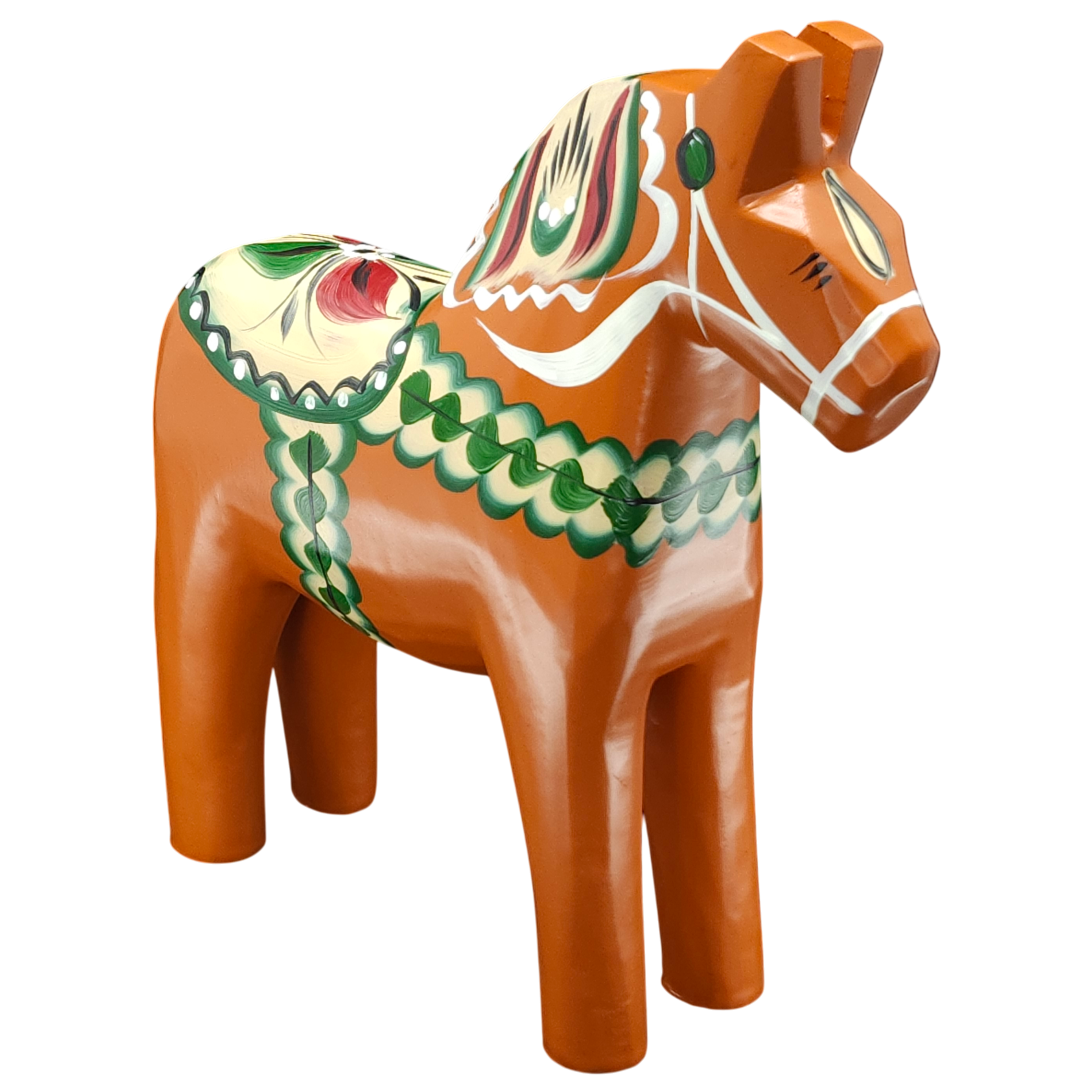 The Dala Horse: Antique Inspired Swedish Dala Horse Red-Orange 17cm features decorative green, white, and yellow patterns on a red-orange base, standing against a plain light background.
