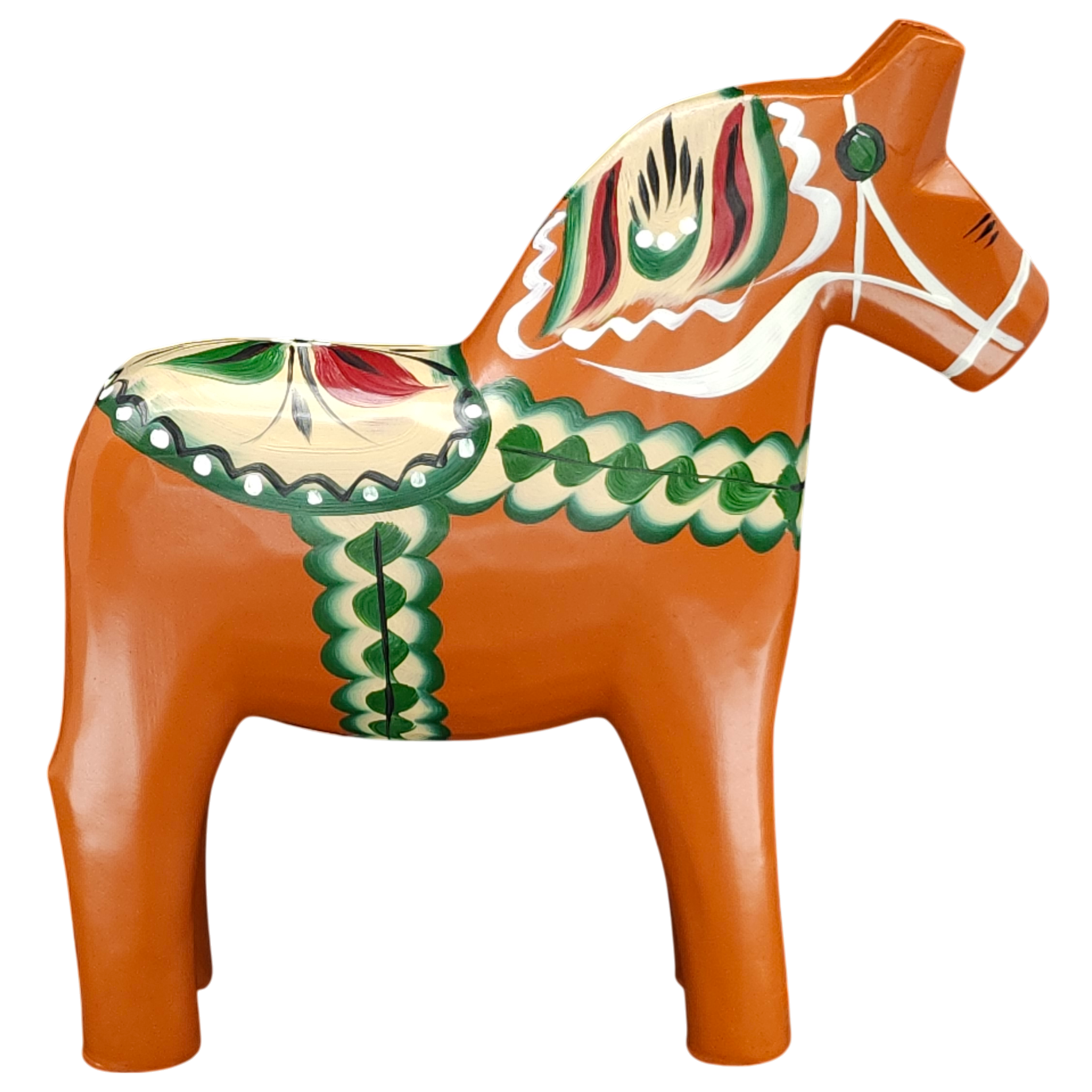 This hand-carved 17cm Swedish Dala Horse features an antique-inspired red-orange finish with traditional green, cream, and red patterns.