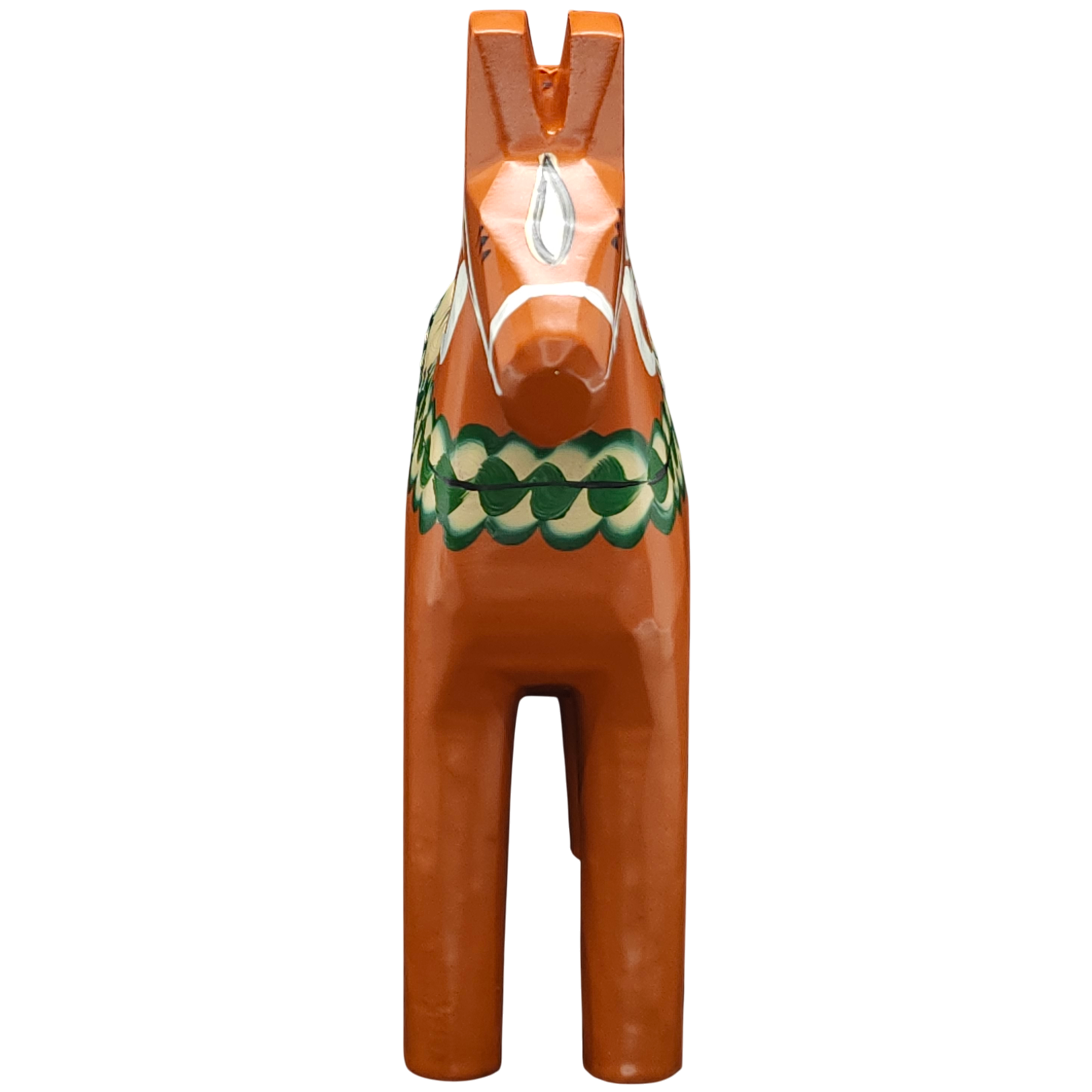 The Dala Horse: Antique Inspired Swedish Dala Horse Red-Orange 17cm is a hand-carved wooden figurine in vibrant red-orange with green and white patterns, standing upright against a plain background.